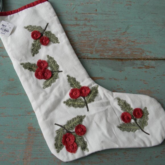 NWT PIER 1 EMBROIDERED  CHRISTMAS HOLLY BERRIES STOCKING - Picture 1 of 3